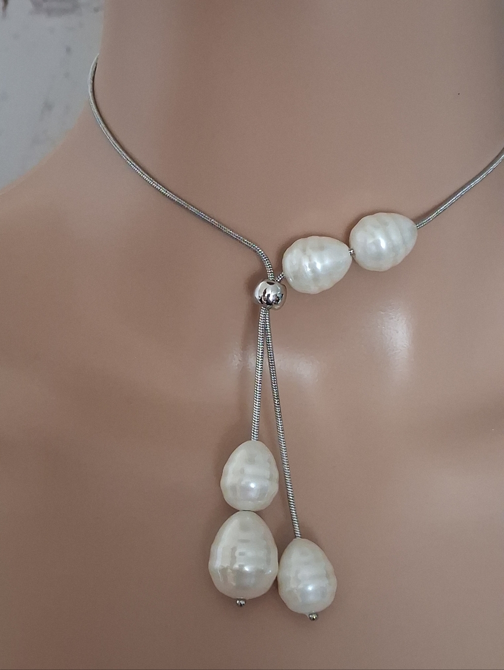 Chico's Silvertone Lariat Necklace with White Faux Baroque Pearls